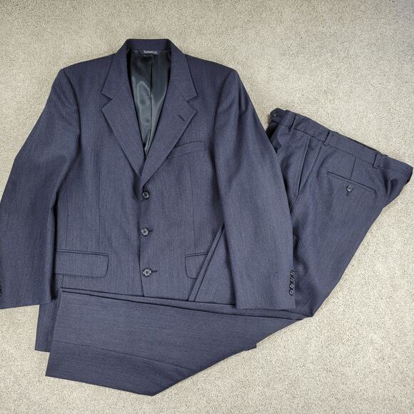 Vintage Burberrys Tuxedo Mens Blue Micro Herringbone Wool 3 Button Formal Suit - Picture 1 of 16